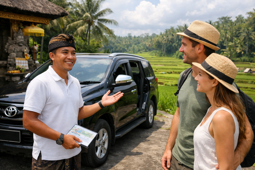 A friendly Balinese driver offering a private tour service to travelers in Ubud surrounded by green rice fields.