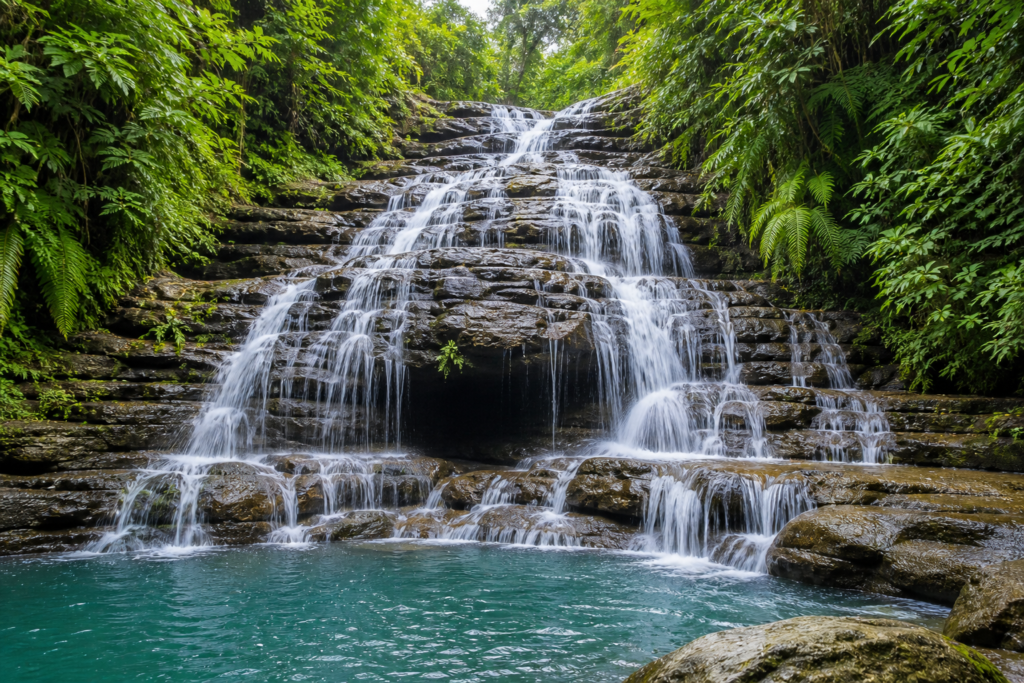 Goa Rangreng Waterfall in Ubud Bali with cascading rock formations and clear natural pool surrounded by lush tropical jungle