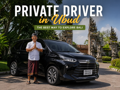 Private driver in Ubud with a Balinese driver standing next to a black car near a traditional temple gate, offering comfortable Bali transportation service