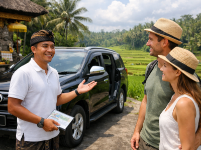 A friendly Balinese driver offering a private tour service to travelers in Ubud surrounded by green rice fields.